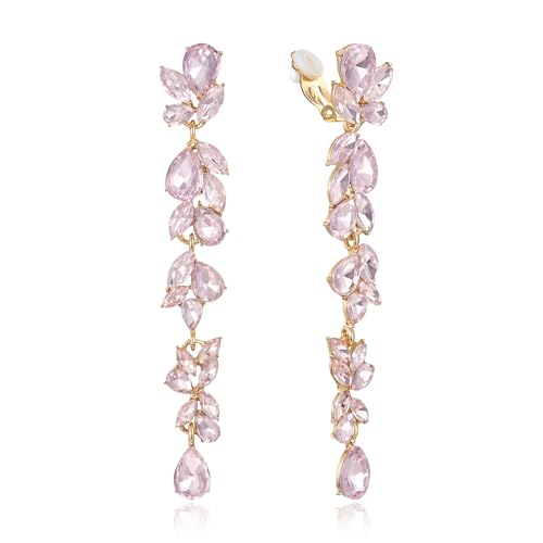 Crysdue Clip On Earrings for Women Rhinestone Crystal Teardrop Cluster Wedding Bridal Non Pierced Long Dangle Earring for Prom Party - color: Light Pink Gold-Tone