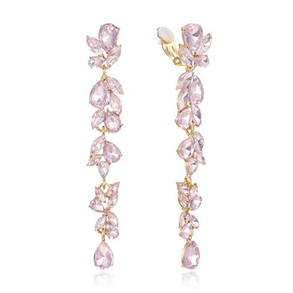 Crysdue Clip On Earrings for Women Rhinestone Crystal Teardrop Cluster Wedding Bridal Non Pierced Long Dangle Earring for Prom Party - color: Light Pink Gold-Tone