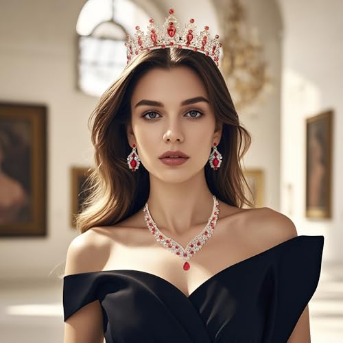 Crowns and Tiaras jewelry sets for Wedding princess birthday party Halloween Prom Pageant Jewelry for Women Crystal Bridal Jewelry Set for women - color: Gold Red