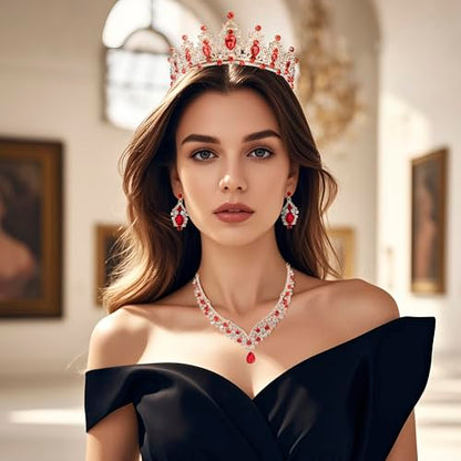 Crowns and Tiaras jewelry sets for Wedding princess birthday party Halloween Prom Pageant Jewelry for Women Crystal Bridal Jewelry Set for women - color: Gold Red
