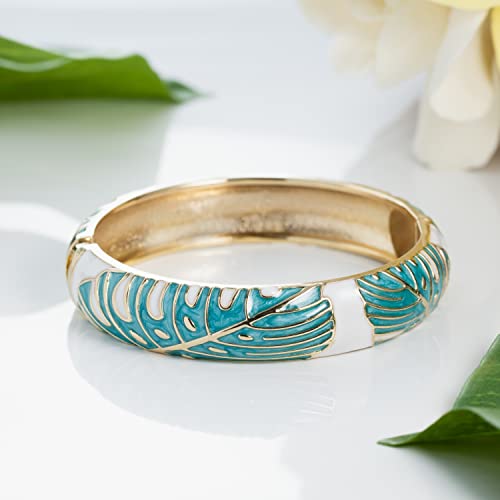 Hawaiian Monstera Luau Leaves Hinged Clasp Fashion Enamel Bangle Bracelet - color: Teal