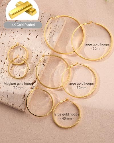 Lightweight 925 Sterling Silver Post Hoop Earrings for Women | 3mm Wide Hypoallergenic Thin Large Hoop Earrings for Women Gift 30/40/50/60mm - size: 40mm Gold