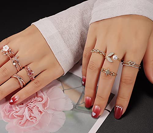TAMHOO 9/12/15/16 Pcs Open Rings Set for Women with Sparkling Cubic Zirconia- Finger Rings Pack Stackable Rings for Teens,White Gold/Rose Gold/Gold Tone Rings for Girls - style: #1