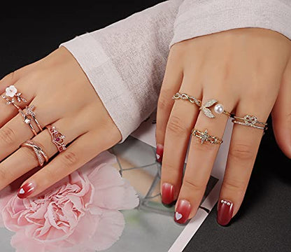 TAMHOO 9/12/15/16 Pcs Open Rings Set for Women with Sparkling Cubic Zirconia- Finger Rings Pack Stackable Rings for Teens,White Gold/Rose Gold/Gold Tone Rings for Girls - style: #1
