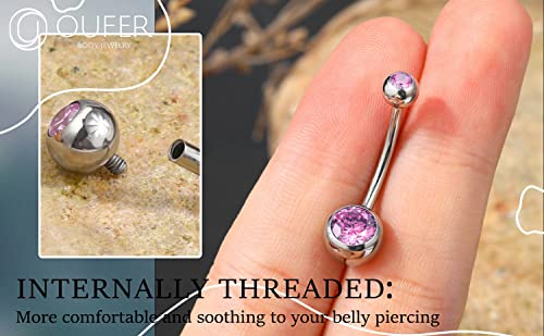 OUFER Titanium Belly Button Rings, Internally Threaded Belly Ring, Round CZ Navel Rings for Women Men - color: Pink, size: 1.6*14MM