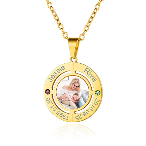 Custom4U Personalized Photo Necklace - Custom Heart/Oval/Round Charm Necklaces with Picture + Chain Adjustable - Stainless Steel/Acrylic Pendant Memorial Jewelry Christmas Gifts for Women - color: J-Gold Color
