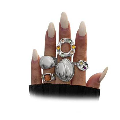 5Pcs Chunky Gold Rings for Women,Stackable Large Dome Knuckle Rings,Thick Gold Crystal Finger Rings Set Trendy Jewelry - color: Silver