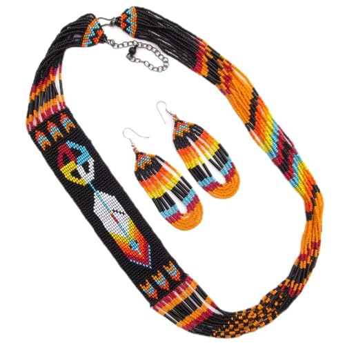 Handmade Beaded Indian Necklace,Inspired by Native American Style Long Necklace Earrings Set,One of a Kind beaded Necklace for Women,Perfect for Occasions, Gifts - color: Orange