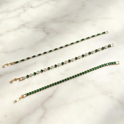 3Pcs Women Stackable 14K Gold Plated Tennis Bracelet with Colorful CZ | Dainty Classic Everyday Jewelry 14K Gold Plated Colorful Cubic Zirconia Tennis Bracelet Created Diamond for Wedding 7 inches - color: gold green