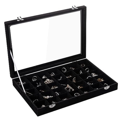 Frebeauty Velvet Jewelry Tray,35 Grid Jewelry Organizer with Clear Lid,Earring Holder Organizer Case with Clasp,Drawer Insert for Rings Studs,13.8 x 9.5 x 2 Inches,Gift for Women Girls(Black) | Drawer Jewelry Organizer for Rings Studs Beads,Adjustable Div