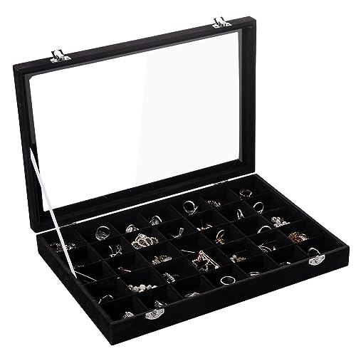 Frebeauty Velvet Jewelry Tray,35 Grid Jewelry Organizer with Clear Lid,Earring Holder Organizer Case with Clasp,Drawer Insert for Rings Studs,13.8 x 9.5 x 2 Inches,Gift for Women Girls(Black) | Drawer Jewelry Organizer for Rings Studs Beads,Adjustable Div