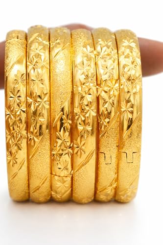 24K Gold Plated Dubai Style Single Cuff Bangle Bracelet for Women, Vintage Geometric Open Design