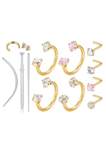 Aumeo Horseshoe 18G Nose Rings 8mm for Women, Surgical Steel 20G L Shaped Nose Rings Studs 7mm, Internally Threaded Tragus Cartilage Helix Earrings, Silver/Gold - style: Gold, 4pcs horseshoe nose rings