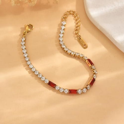 Tennis Bracelet for Women 18K Gold Plated White Red Green Black Blue Pink 3mm Cubic Zirconia Bracelet Dainty Diamond Adjustable Bracelet Trendy Jewelry Gift - color: Red Tennis-Gold