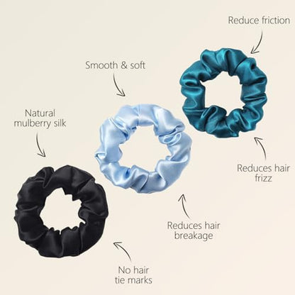 ZIMASILK 100% Pure Mulberry Silk Hair Scrunchies for Women | No Damage - Gentle Elastic Hair Ties for Ponytail Holder - Hair Accessories (3 Pack, Light Blue, Black, Peacock) - color: Black, Light Blue, Turquoise (3pcs)