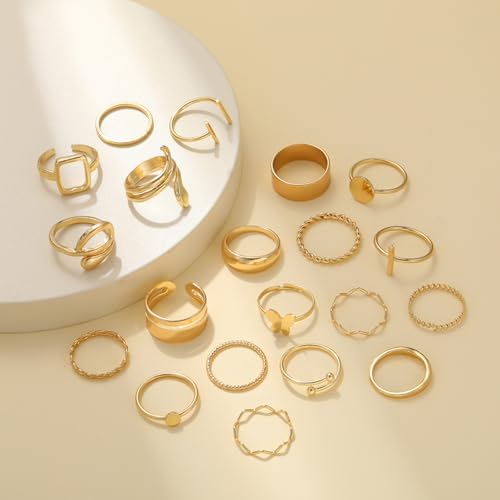 Gold Plated Knuckle Rings Set For Women,Vintage Stackable Joint Finger Midi Rings Dainty Simple Twist Hollow Rings Pack,Aesthetic Adjustable Y2K Punk Stacking Rings Jewelry Accessories - style: 20Pcs B-Gold