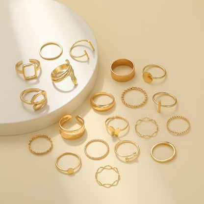 Gold Plated Knuckle Rings Set For Women,Vintage Stackable Joint Finger Midi Rings Dainty Simple Twist Hollow Rings Pack,Aesthetic Adjustable Y2K Punk Stacking Rings Jewelry Accessories - style: 20Pcs B-Gold