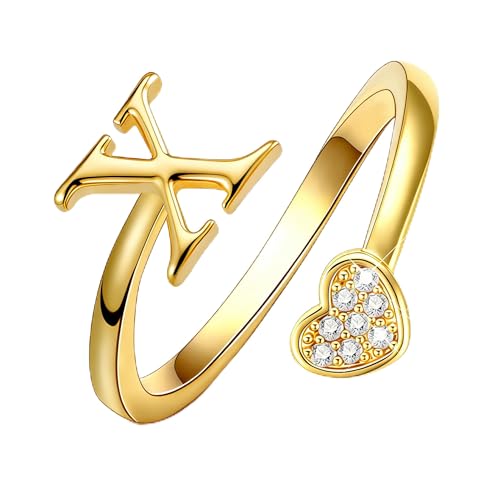 Lunvky Birthday Gifts Silver Initial Rings for Women Teen Girl Kids Trendy Stuff Dainty 14K Gold Plated Adjustable Heart Letter Thumb Rings Pinky Cute Jewelry Personalized Gift - color: Gold, size: Initial-X