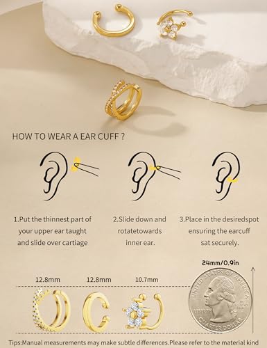 Carffordo 3Pcs Ear Cuffs Non Piercing for Women, Dainty Clip on Earrings | Trendy 14K Gold Plated Ear Cuff with Cubic Zirconia, Fake Piercing Cartilage Earrings, Lightweight Jewelry for Daily Wear - color: 3pcs-hoop-1