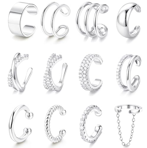 LOLIAS 12Pcs Ear Cuffs Non Piercing - 14K Gold Plated Ear Cuff Earrings for Women Adjustable Earring Cuffs for Non Pierced Ears Clip on Cartilage Earring Fake Earrings Set - color: Silver Plated