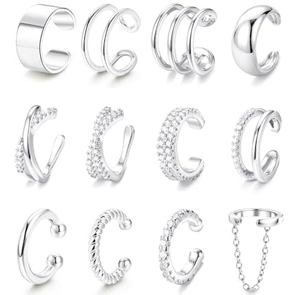 LOLIAS 12Pcs Ear Cuffs Non Piercing - 14K Gold Plated Ear Cuff Earrings for Women Adjustable Earring Cuffs for Non Pierced Ears Clip on Cartilage Earring Fake Earrings Set - color: Silver Plated