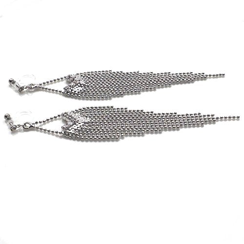 Dangle Silver Invisible Clip On Earrings for Women Not Pierced Gold Crystal Rhinestone Comfortable Hoop Fringe Long Chain Clip On Earrings - color: Fringe Silver 2