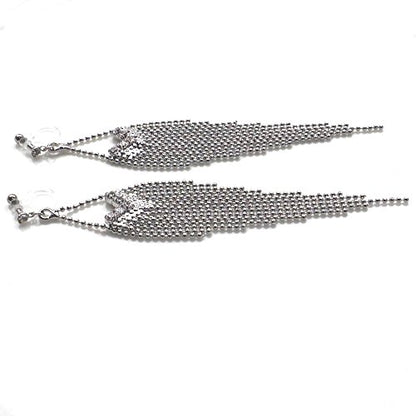 Dangle Silver Invisible Clip On Earrings for Women Not Pierced Gold Crystal Rhinestone Comfortable Hoop Fringe Long Chain Clip On Earrings - color: Fringe Silver 2