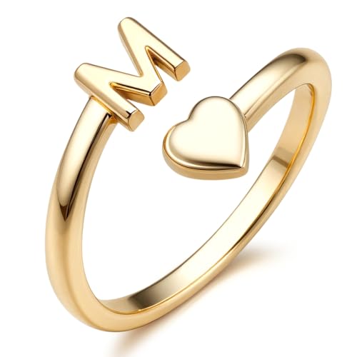 FUNRUN JEWELRY Gold Initial Ring for Women Non Tarnish 14K Gold Plated | Adjustable Letter Rings A-Z Dainty Heart Alphabet Stackable Band Rings Trendy Capital Letter Pinky Knuckle Thumb Ring - style: M Initial Ring