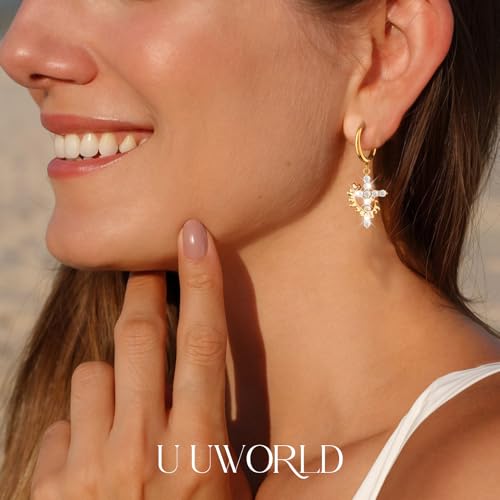 Gold Dangle Earrings for Women,Horseshoe Hoop Huggie Earrings with Heart Cubic Zirconia Hypoallergenic Lightweight Dangling Earrings Lucky Jewelry Gifts Perfect for Christmas,Birthday,Anniversary - style: Cross with Sun