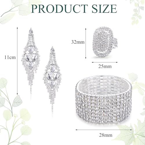Rhinestone Bridal Jewelry Set for Women Earrings Bracelet Ring | Sparkling Rhinestone, Stretch Bracelet Ring, Dangle Tassel Earrings Set, Costume Jewelry, Rhinestone Jewelry Set for Women - style: Set 2