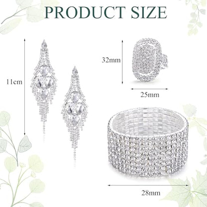 Rhinestone Bridal Jewelry Set for Women Earrings Bracelet Ring | Sparkling Rhinestone, Stretch Bracelet Ring, Dangle Tassel Earrings Set, Costume Jewelry, Rhinestone Jewelry Set for Women - style: Set 2