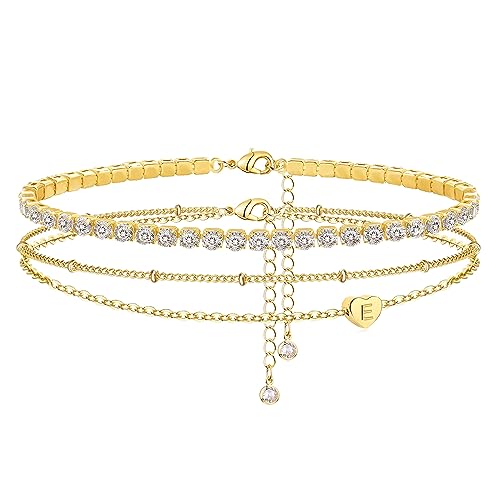 Yanoda Initial Ankle Bracelets for Women, 14K Gold Plated Waterproof Dainty Layered Heart Letter Initial Anklets Personalized Gifts - color: E