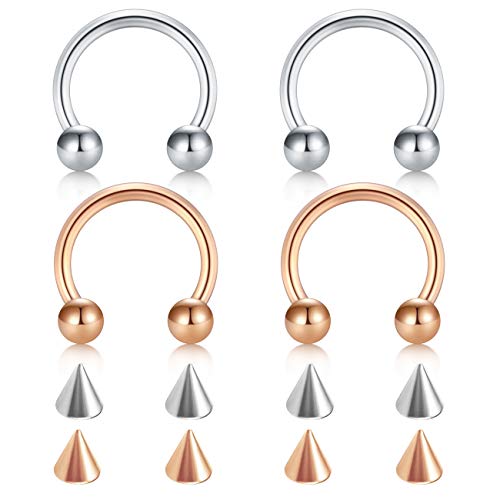 D.Bella 22G 20G 18G 16G 14G 12G 10G 8G 6G 4G 2G 0G 00G Surgical Steel Nose Septum Horseshoe Hoop Eyebrow Lip Navel Belly Nipple Piercing Ring Helix Tragus Daith Rook Captive Earrings Replacement Spikes - color: A4 -4pcs, silver & rose gold, size: 14g,10mm