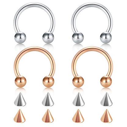 D.Bella 22G 20G 18G 16G 14G 12G 10G 8G 6G 4G 2G 0G 00G Surgical Steel Nose Septum Horseshoe Hoop Eyebrow Lip Navel Belly Nipple Piercing Ring Helix Tragus Daith Rook Captive Earrings Replacement Spikes - color: A4 -4pcs, silver & rose gold, size: 14g,10mm