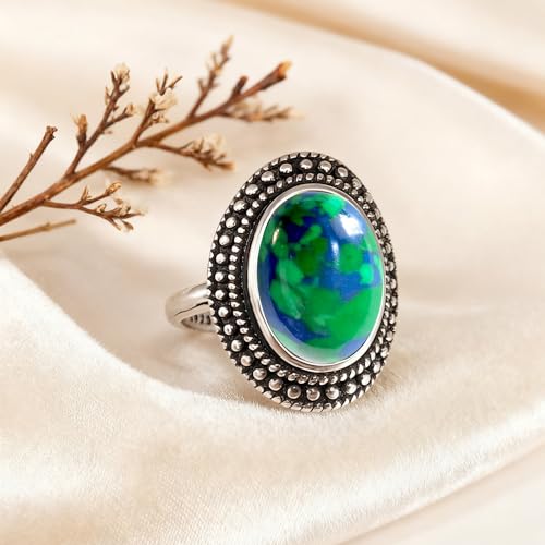 Retro Sterling Silver Stone Ring,Antique Natural Real Oval Crystal Quartz Gemstone Boho Bohemian Ring Jewelry for Women - color: A13_Green Blue Imperial Jasper