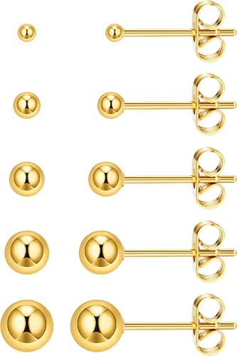 5 Pairs Extra Long Post Earrings 316L Stainless Steel Ball Stud Earrings for Women Men Hypoallergenic Ear Piercing Studs for Sensitive Ears 2-6mm - color: Gold
