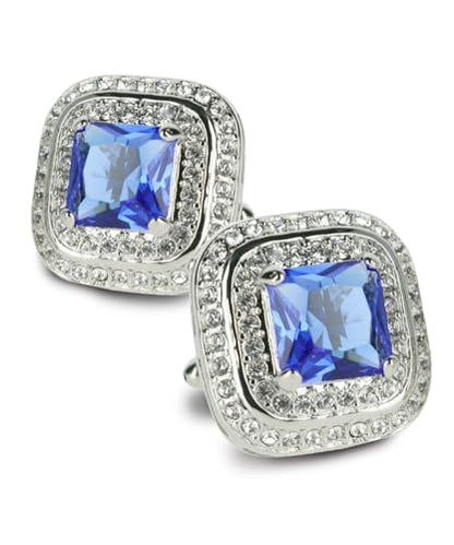 Square Colored Crystal Double Diamond Set Cufflinks - color: Royal/Silver