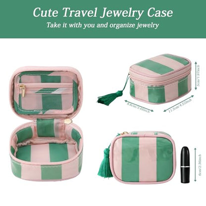 Travel Jewelry Case, Pink and Green | Clear Coated, Stripe, Tassels, Mini Storage Box for Ring,Necklace,Bracelet,Gift - color: Pink Green