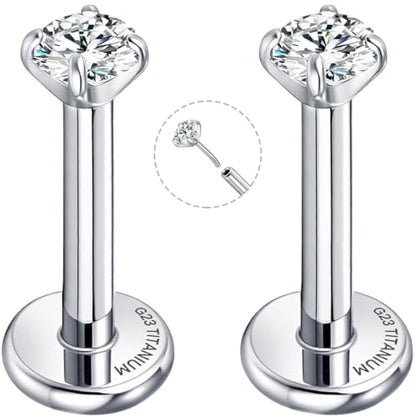 Threadless Flat Back Earrings for Tragus, Helix, Conch, Daith, Cartilage Piercings - G23 Titanium Flatback Stud Earrings with Grade AAAAA Cubic Zirconia - Threadless Flat Back Nose Stud Push Pin Ring Earring Studs (18g, 16g, 20g - 6mm, 8mm) - color: Silve
