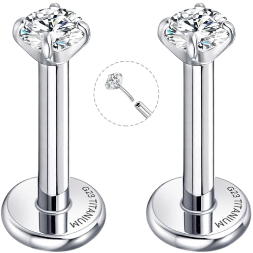 Threadless Flat Back Earrings for Tragus, Helix, Conch, Daith, Cartilage Piercings - G23 Titanium Flatback Stud Earrings with Grade AAAAA Cubic Zirconia - Threadless Flat Back Nose Stud Push Pin Ring Earring Studs (18g, 16g, 20g - 6mm, 8mm) - color: Silve