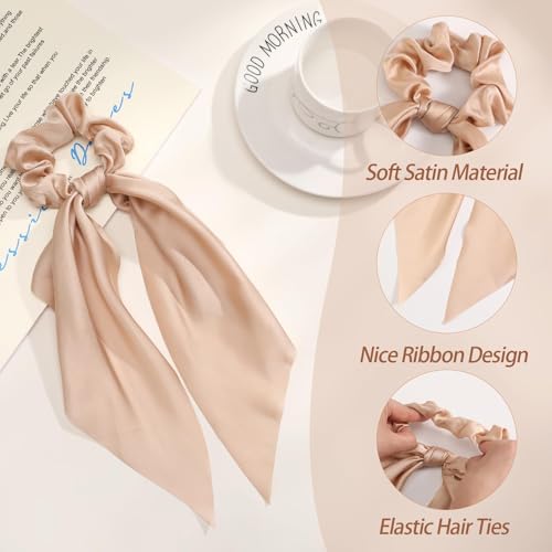 6 PCS Bow Silk Scrunchies, Hair Ties with Bows, Hair Scarf Scrunchies | Knotted Scrunchie Bow for Women , Satin Hair Ribbon Elastic Hair Tie, Long, Brown - color: Brown