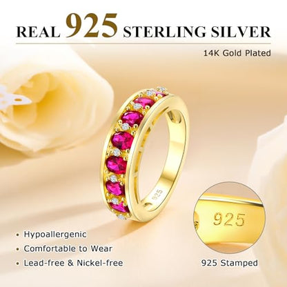 Amethyst Emerald Ruby Sapphire Wedding Band Anniversary Women Rings | 925 Sterling Silve|Hypoallergenic|Standard Size|Ruby|Sapphire|Emerald|Wedding Anniversary Jewelry|Genstone Ring|Holiday Gifts - color: Ruby & Gold