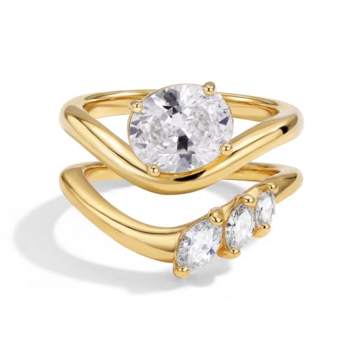 18K Gold & Silver Plated Stackable Ring Set for Women, CZ Curved Wave Stacking Bands, Statement Promise Rings for Wedding Engagement, Trendy Dainty Jewelry Gift - color: Gold 1