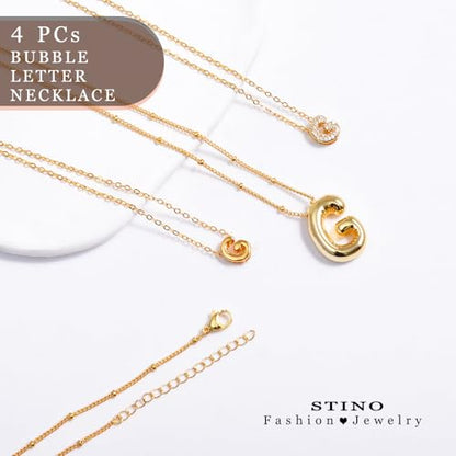 stino 4PCs Bubble Initial Letter Necklace Set, No Tarnish 14K Gold Plated Alphabet Pendant, Jewelry for Women - style: G