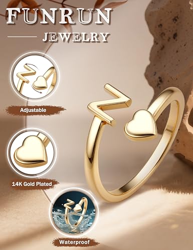 FUNRUN JEWELRY Gold Initial Ring for Women Non Tarnish 14K Gold Plated | Adjustable Letter Rings A-Z Dainty Heart Alphabet Stackable Band Rings Trendy Capital Letter Pinky Knuckle Thumb Ring - style: N Initial Ring