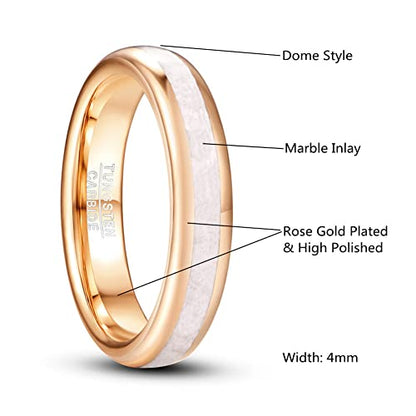 Vakki 4mm 6mm Womens Rose Gold Tungsten Carbide Ring with Mother of Pearl Shell/Marble Inlaid Wedding Band Comfort Fit Size 5-12 - color: D-4mm-Rose Gold & Marble