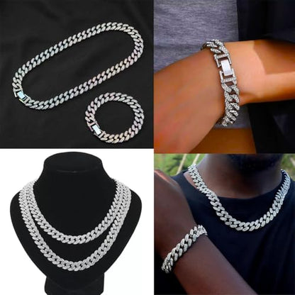 8 PcsCuban Link Chain jewelry sets for Woman with Rhinestone Necklace Bracelet Earrings Bling Diamond chunky Chain Jewelry - color: Silver B, size: 18inch
