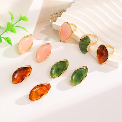 Colorful Chunky Earrings Ring for Women, Resin Boho Large Oval Acrylic Finger Ring Statement Stainless Steel Adjustable Rings Beach Summer Jewelry Gift - color: Brown Set
