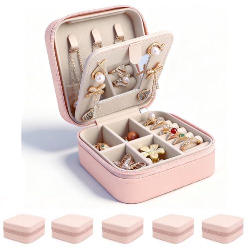 Travel Jewelry Case and Organizer with Mirror,Portable Mini Storage Box for Rings, Earrings, Necklaces, Gift for Mother Mom, Girl, Daughter, Sisters, Bridesmaids (Pink-5PCS) - color: Pink-5PCS