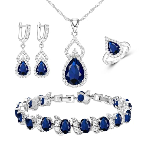 LMXXVJ Women Jewelry Set Platinum Plated Necklace Open Ring Earrings Bracelet Set,Birthday/Anniversary Mother’s Day Jewelry Gifts for Mom/Wife/Sister/Best Friend - color: blue